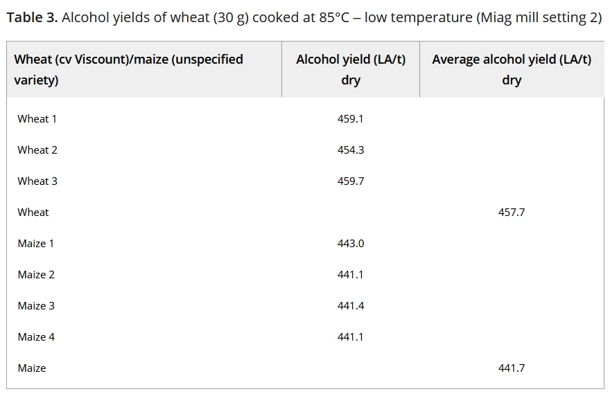 Wheat's higher alcohol yield at lower temperature may enable energy savings